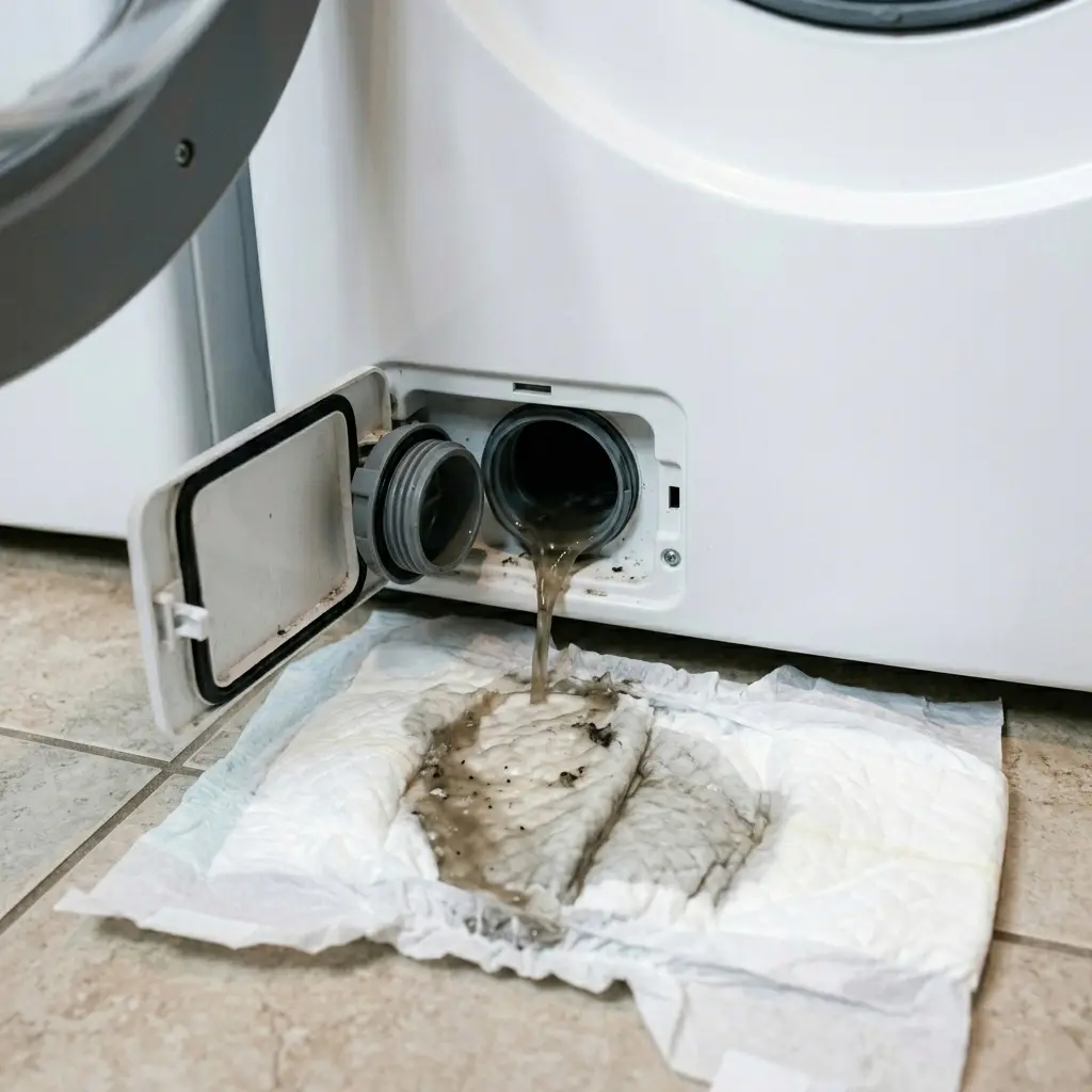 Disposable diaper placed under washing machine drain filter opening to absorb water mess-free, expert cleaning hack 2026