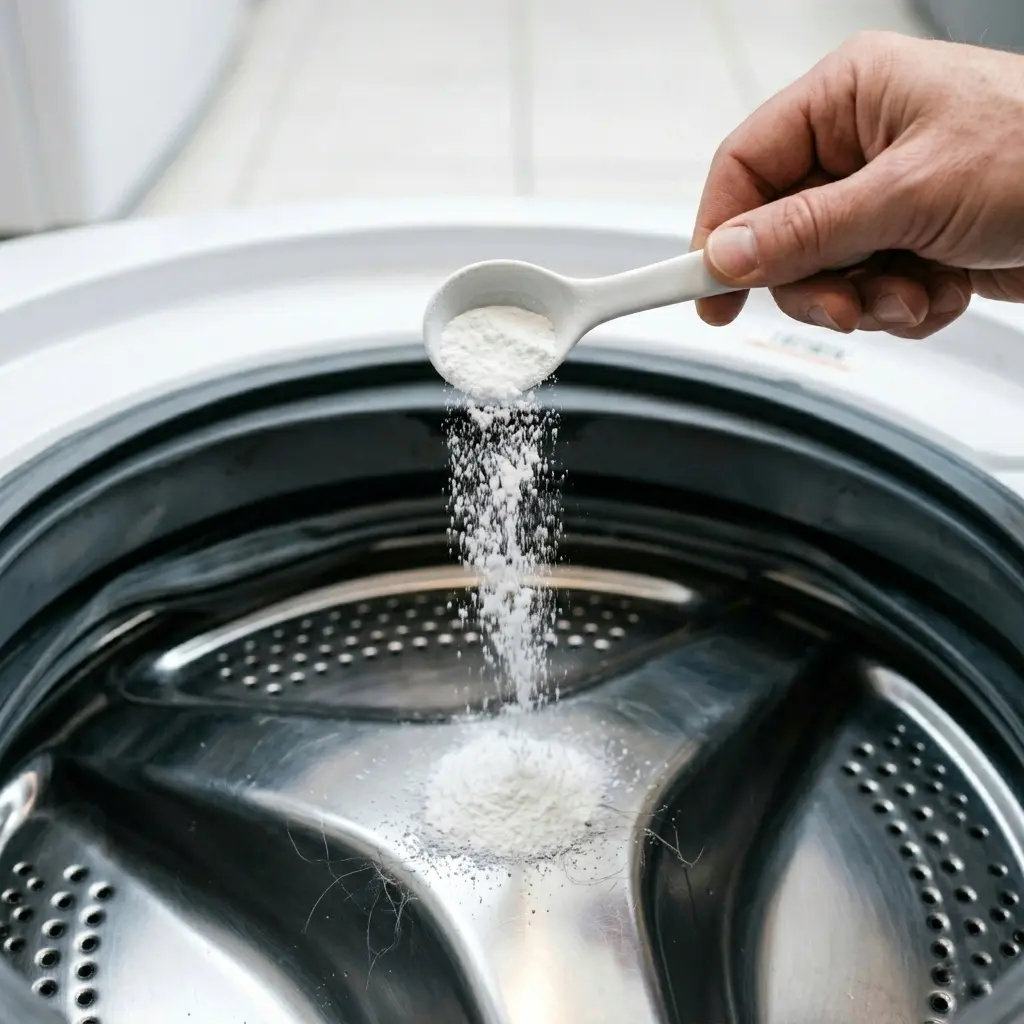 Hand measuring two tablespoons of powdered dishwasher detergent to add to empty washing machine drum, expert deep clean hack 2026