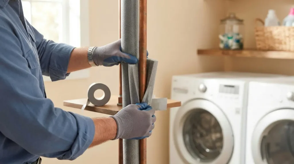 Homeowner installing foam pipe insulation on hot water supply pipes in laundry room