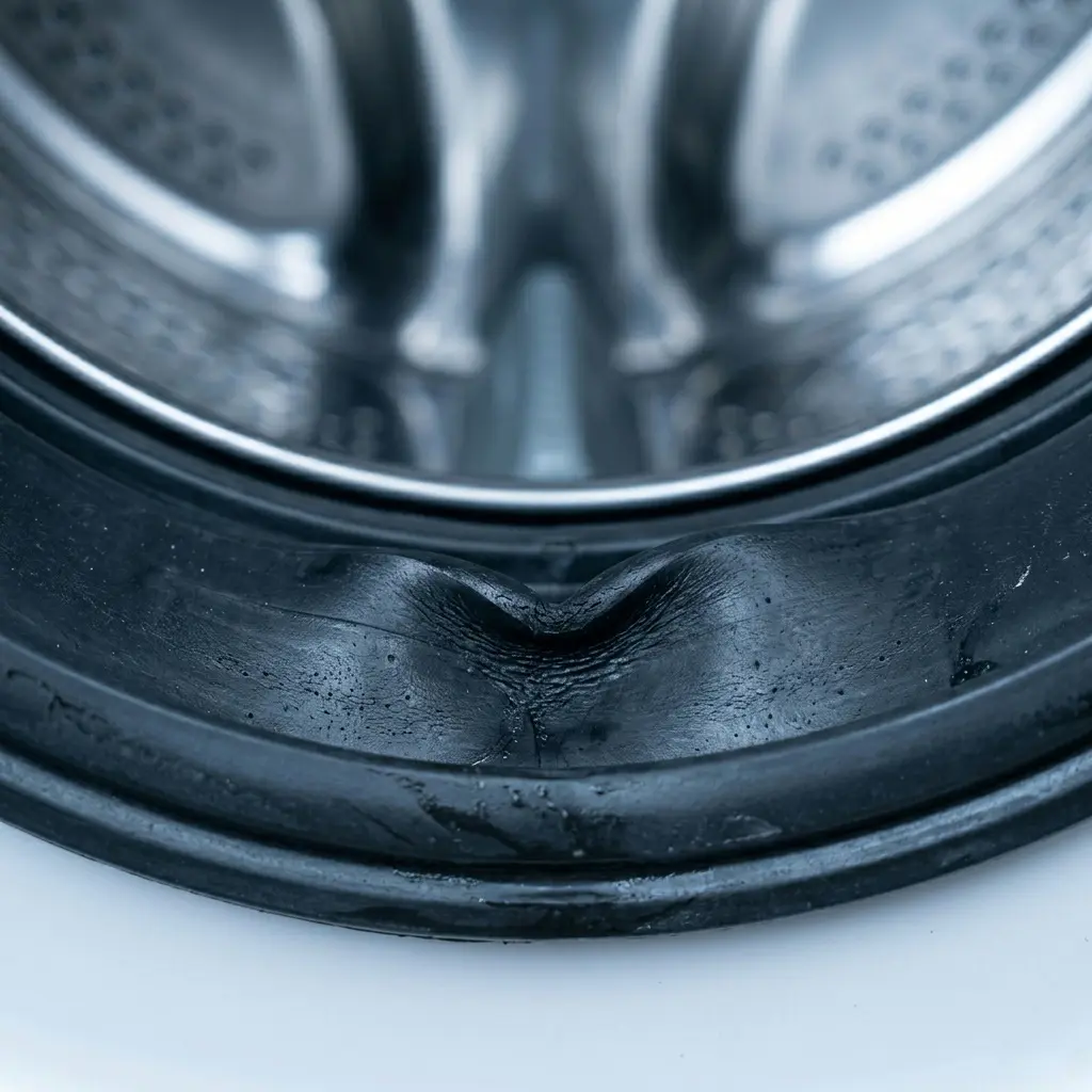 Close-up of washing machine door gasket folded over itself preventing proper door seal