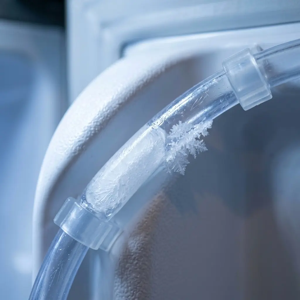  Visible ice blockage inside a refrigerator door water supply line causing dispenser to stop working