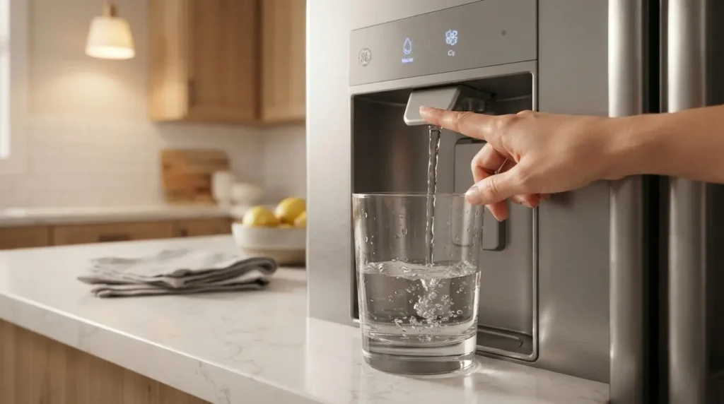 Flushing a GE refrigerator water dispenser to remove trapped air from the water line