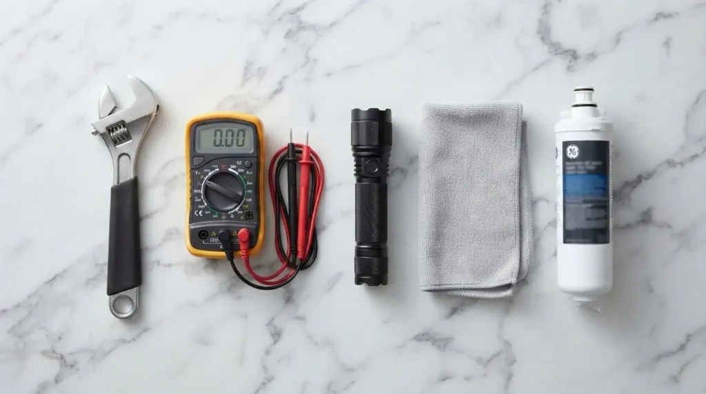 DIY toolkit for fixing a GE refrigerator water dispenser leak including wrench and multimeter