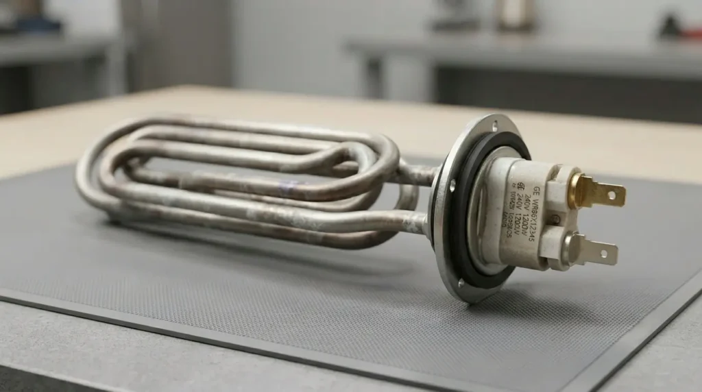 GE front-load washing machine heating element removed and placed on a workshop mat