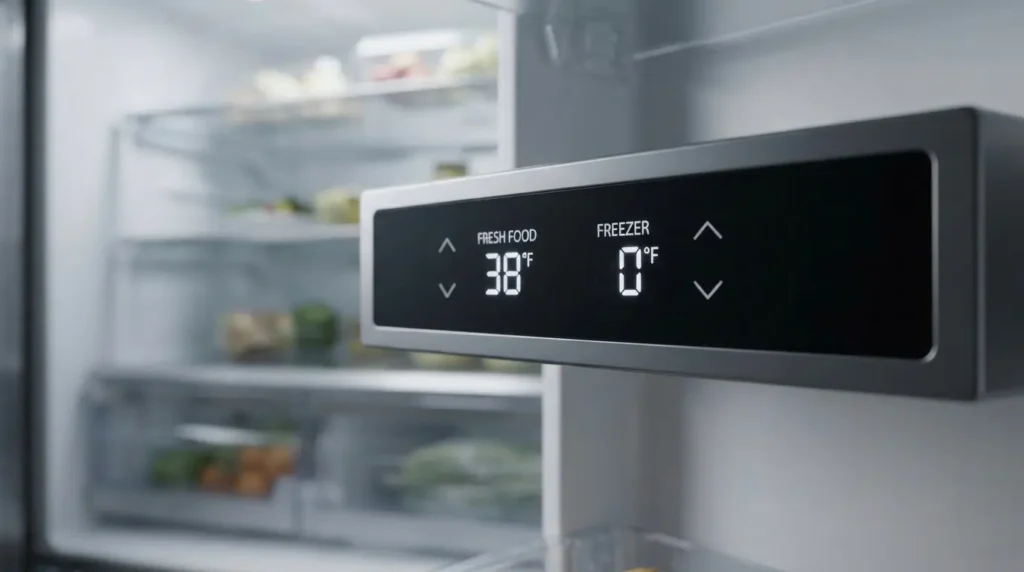 GE refrigerator digital temperature settings showing correct 38°F and 0°F levels