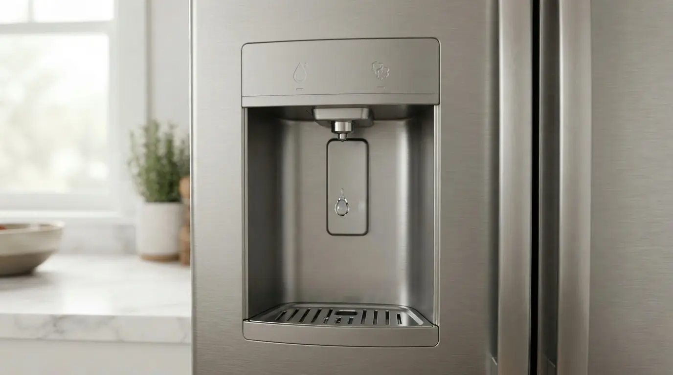 GE refrigerator water dispenser leaking with water droplet falling from nozzle