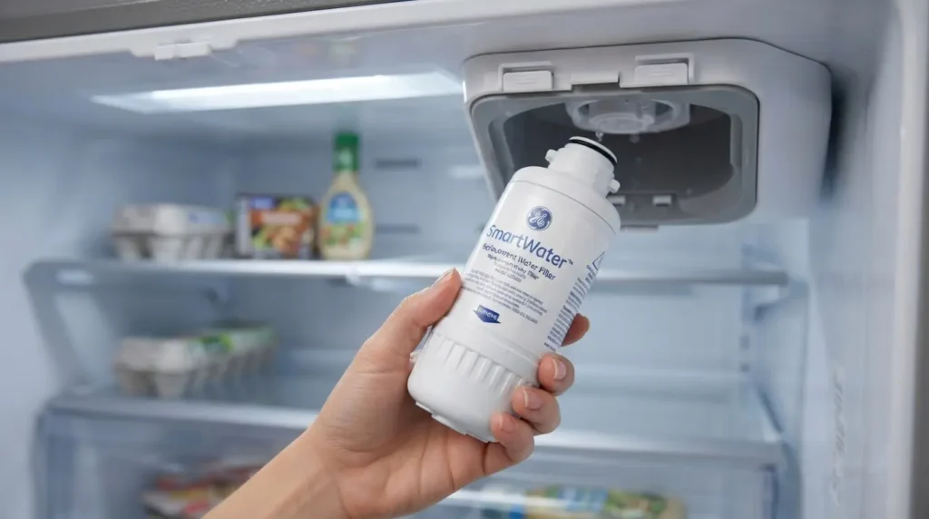 Replacing a GE refrigerator water filter cartridge to stop dispenser leaking