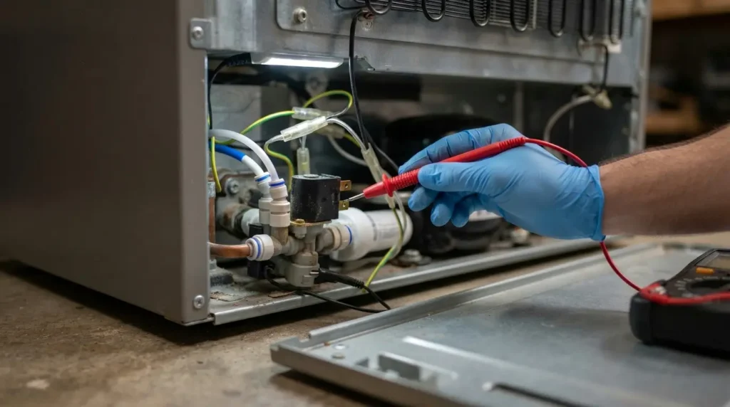 Testing the GE refrigerator water inlet valve with a multimeter during DIY repair