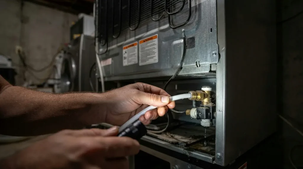 Inspecting the water supply line behind a GE refrigerator for leaks or damage