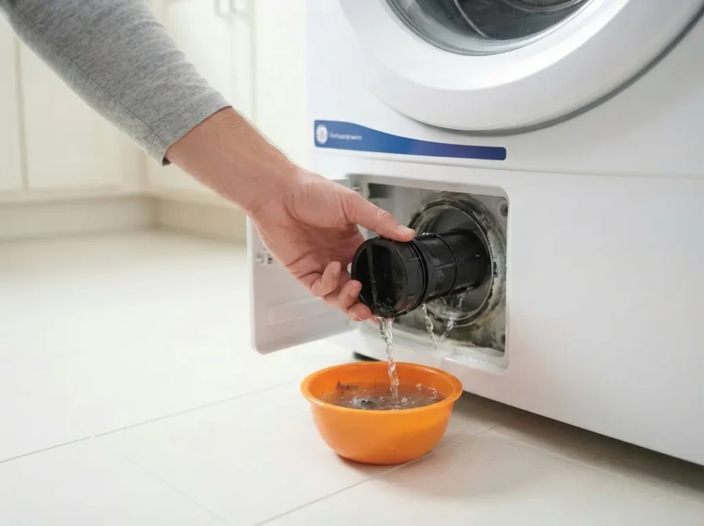 Hand unscrewing the drain pump filter on a GE front-load washer lower access panel to fix thermal overload power loss