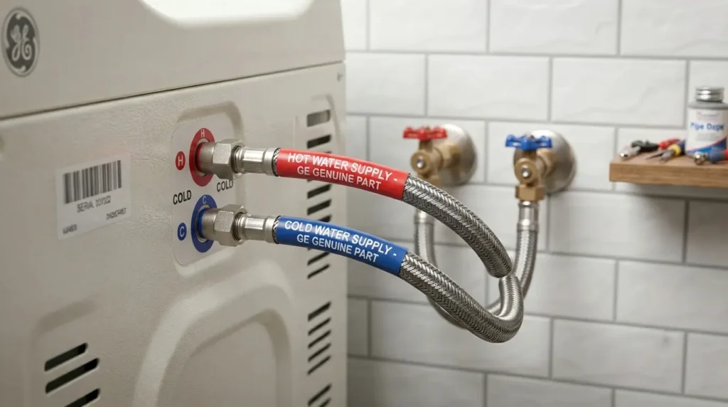 Red and blue water supply hoses connected to the back of a GE washing machine. ge washer water stays cold on hot setting fix guide