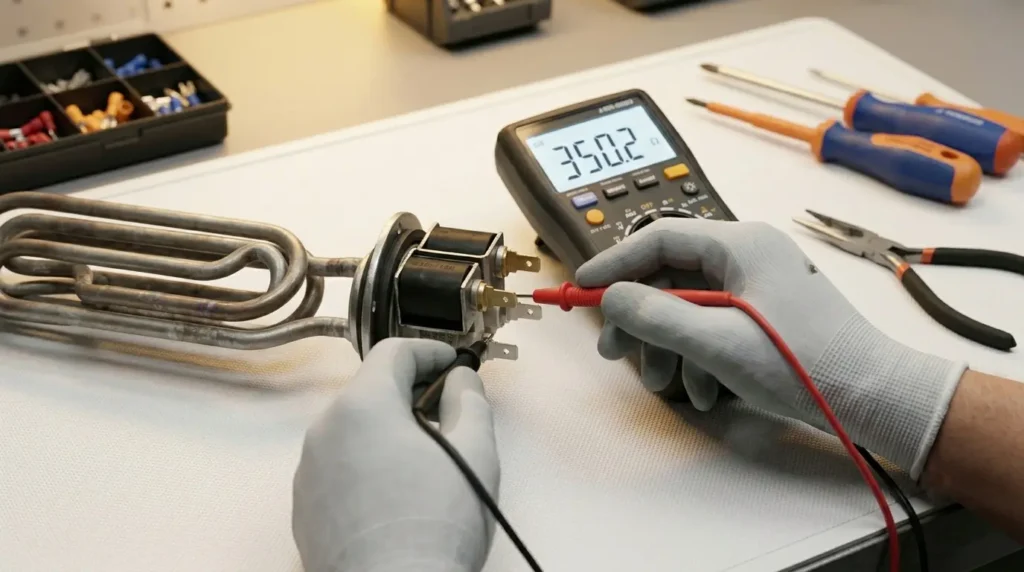 Technician testing a GE washer water inlet valve solenoid with a digital multimeter