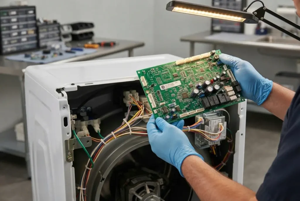 Technician holding a GE washer main control board CCU circuit board during a mid-cycle power loss repair job