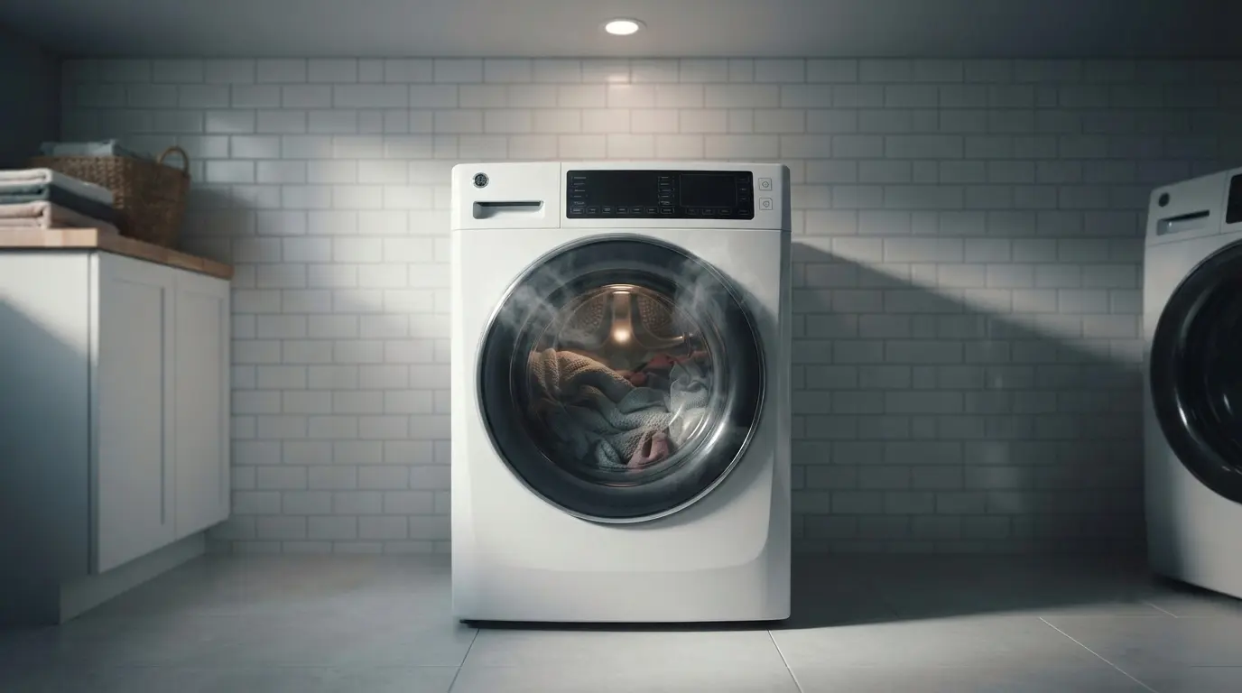 GE front-load washer with dark display screen mid-cycle in a modern laundry room, illustrating GE washer randomly loses power issue