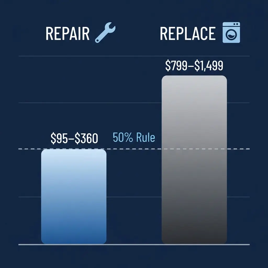 Infographic comparing the cost of repairing a GE washer versus buying a new GE washing machine in 2026