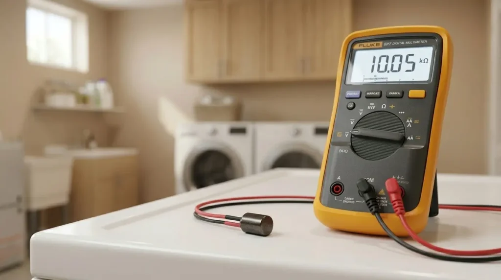 GE washer thermistor temperature sensor with wire leads next to a multimeter