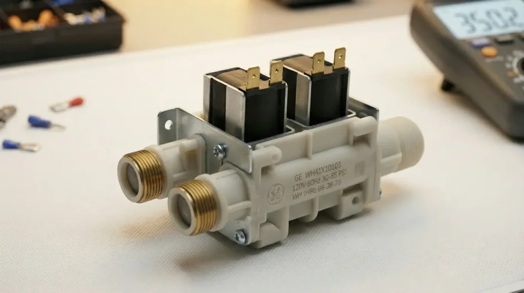 GE washing machine water inlet valve with dual solenoid ports on a workshop bench