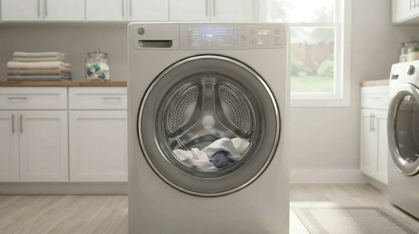 GE front-load washer with hot cycle selected on control panel in a clean laundry room