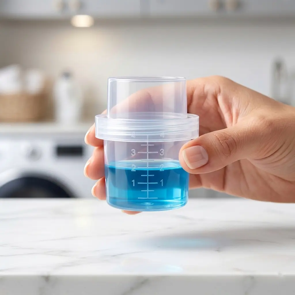 Correct HE detergent dosage in measuring cap showing line 1 for LG and Samsung washing machines