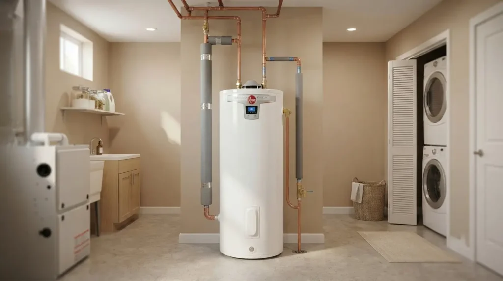 Residential hot water heater with supply pipes in a utility room near a washing machine