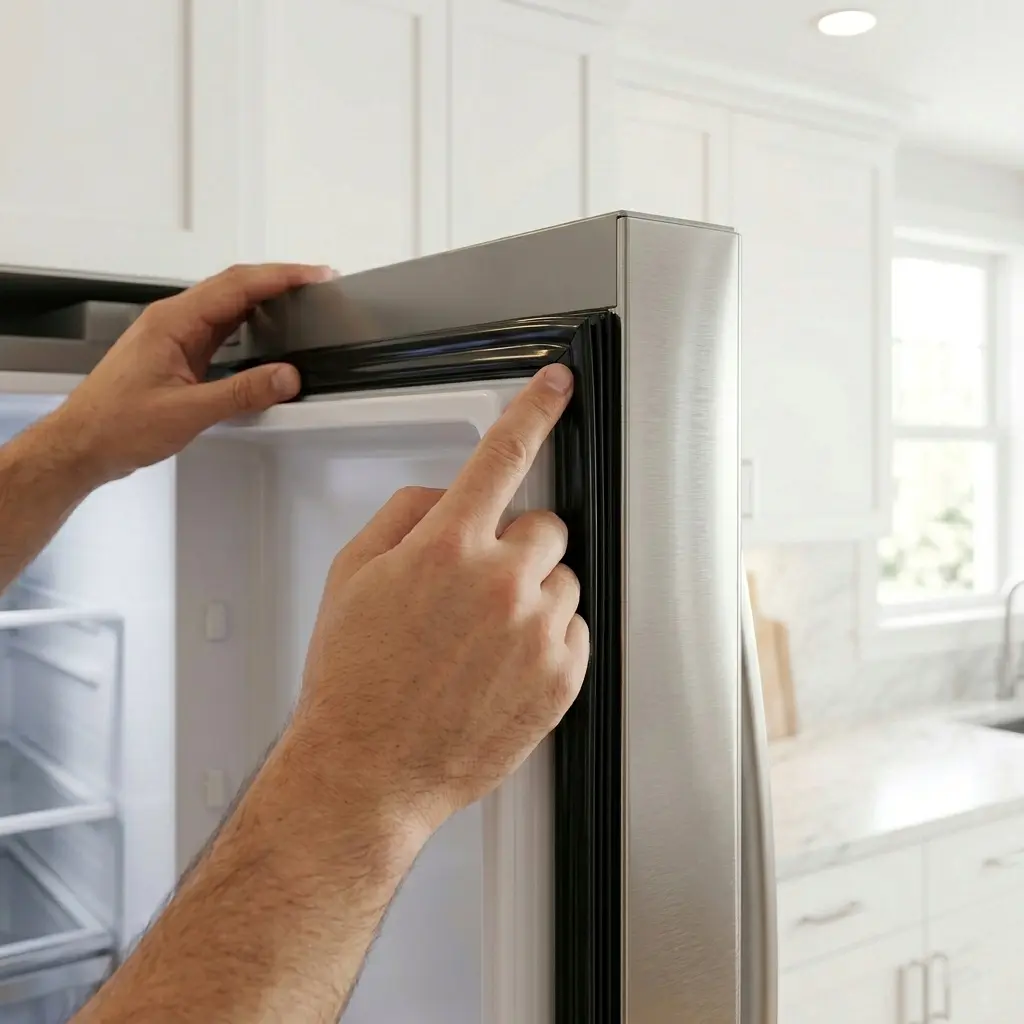 Installing new LG refrigerator door seal by pressing gasket firmly into the door channel groove