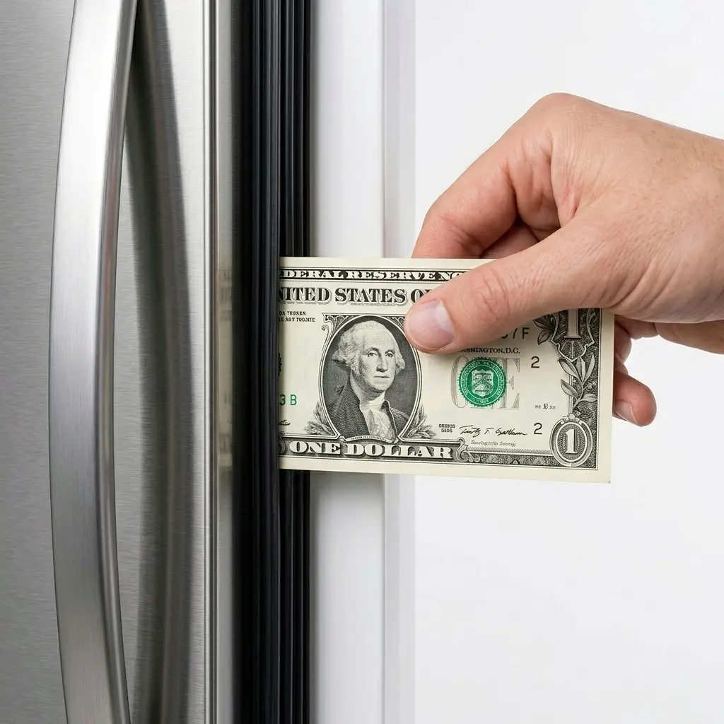 Dollar bill test to check LG refrigerator door seal strength and integrity