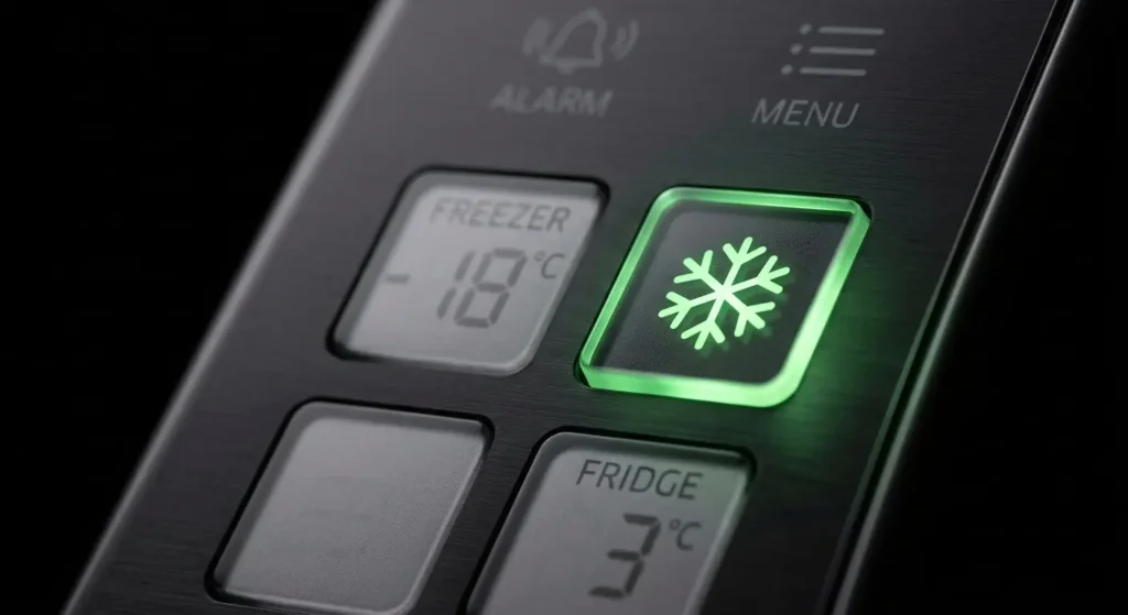 Close-up of LG refrigerator digital control panel with Energy Saver mode button glowing green, 2026