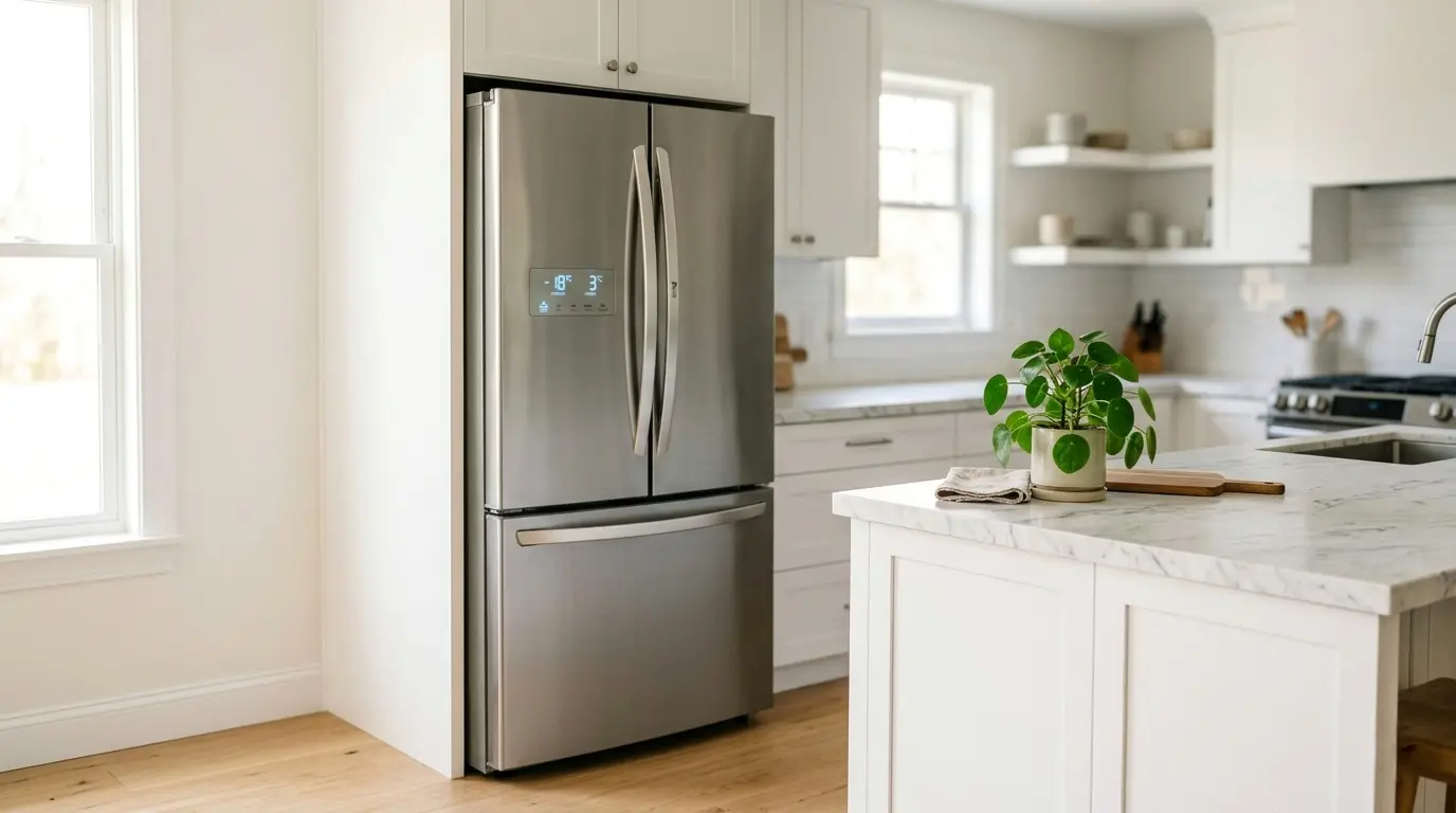 LG refrigerator with glowing control panel in a modern kitchen — energy saving settings guide 2026
