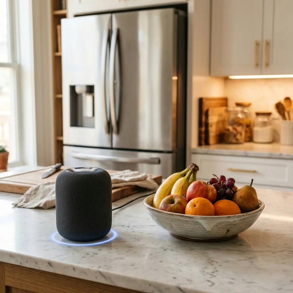 Smart speaker on kitchen counter beside a refrigerator representing voice assistant control of smart appliance