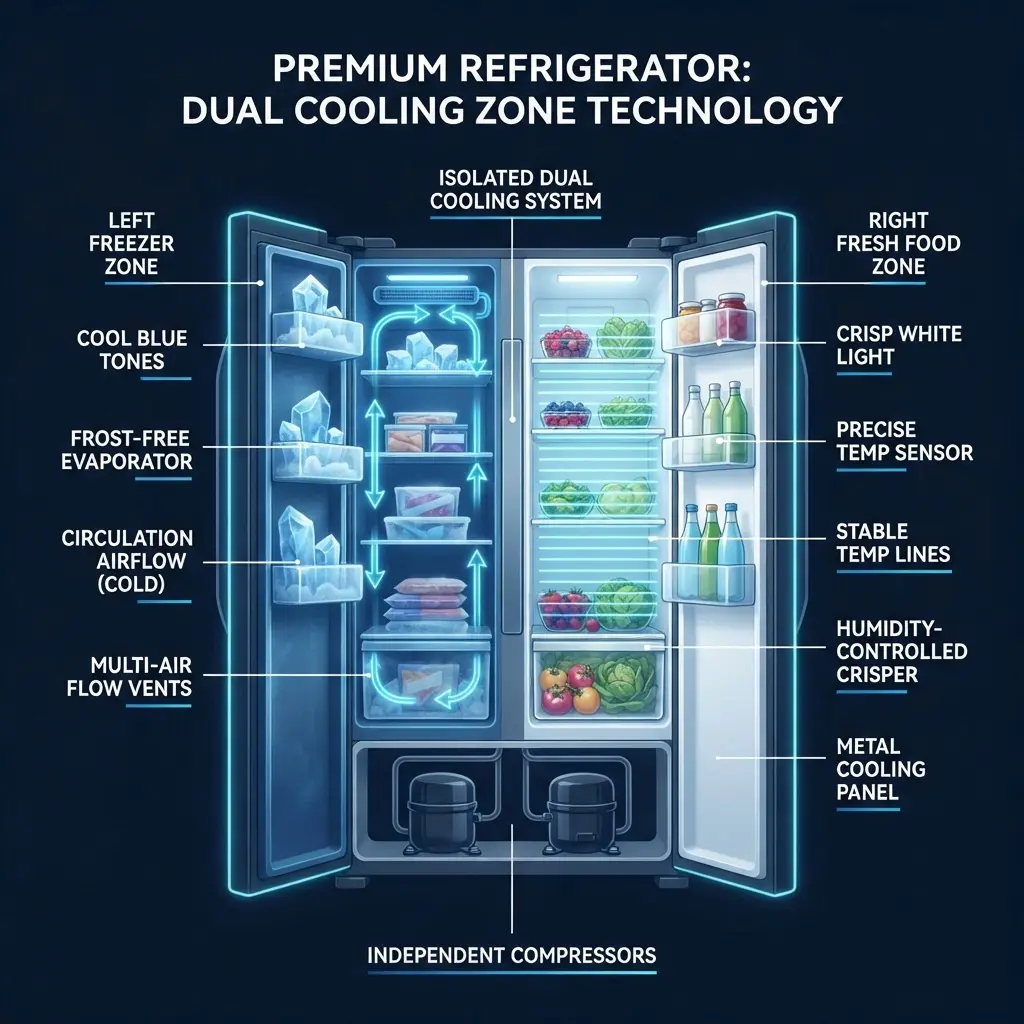 LG Linear Inverter vs Samsung Twin Cooling Plus technology comparison diagram