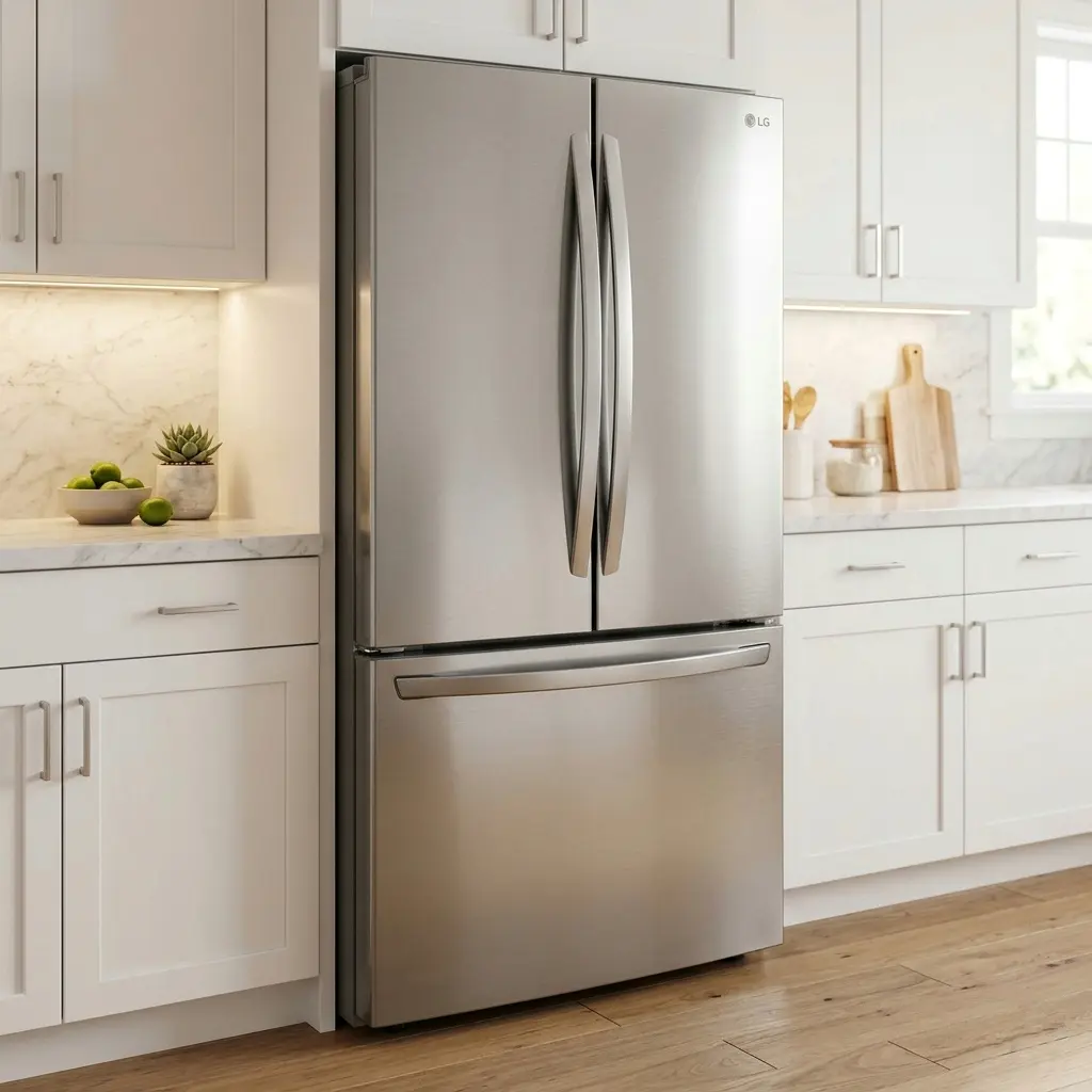 Final check of LG refrigerator door seal after replacement — door fully closed with even contact