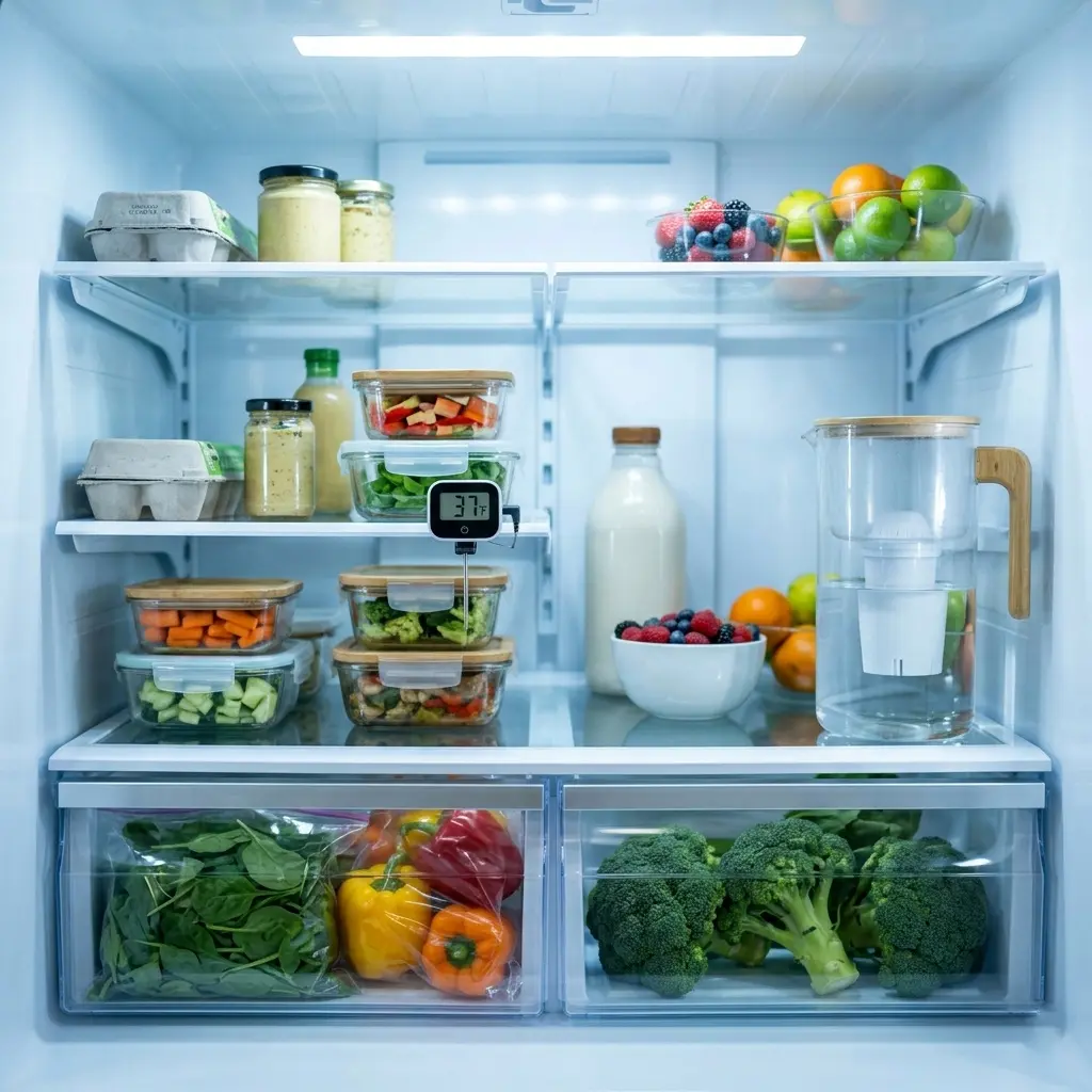 Digital refrigerator thermometer showing 37°F inside a well-organised fridge — optimal temperature setting guide 2026