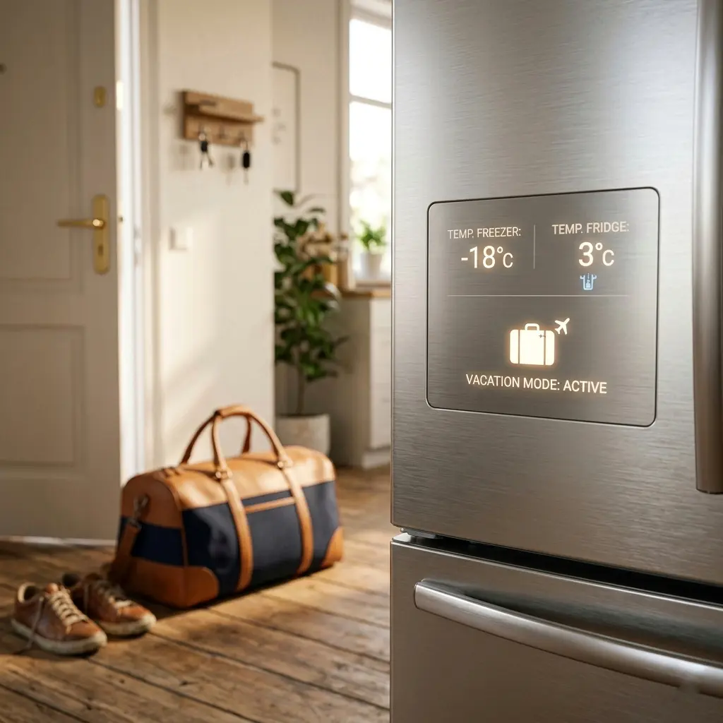 LG refrigerator vacation mode activated on control panel with travel luggage in background — energy saving tip 2026
