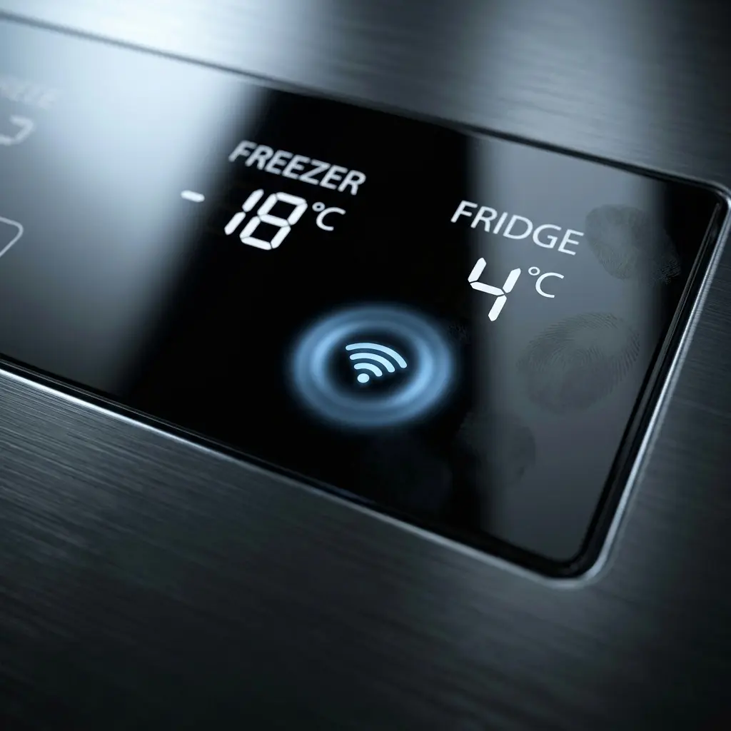 Close-up of refrigerator digital display panel showing blinking Wi-Fi indicator light during app pairing process