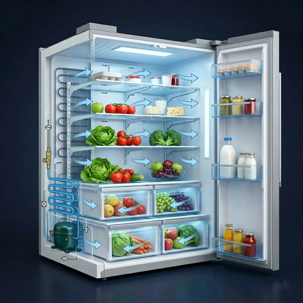 Cutaway view of refrigerator showing smart airflow distribution across all compartments — LG Smart Cooling technology 2026