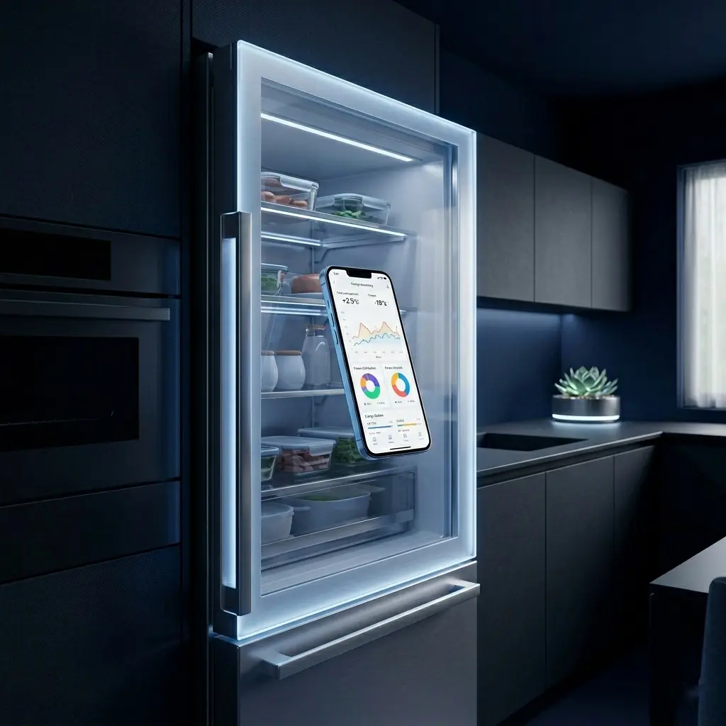 Smart refrigerator connected to smartphone app showing energy savings — LG SmartThinQ technology 2026
