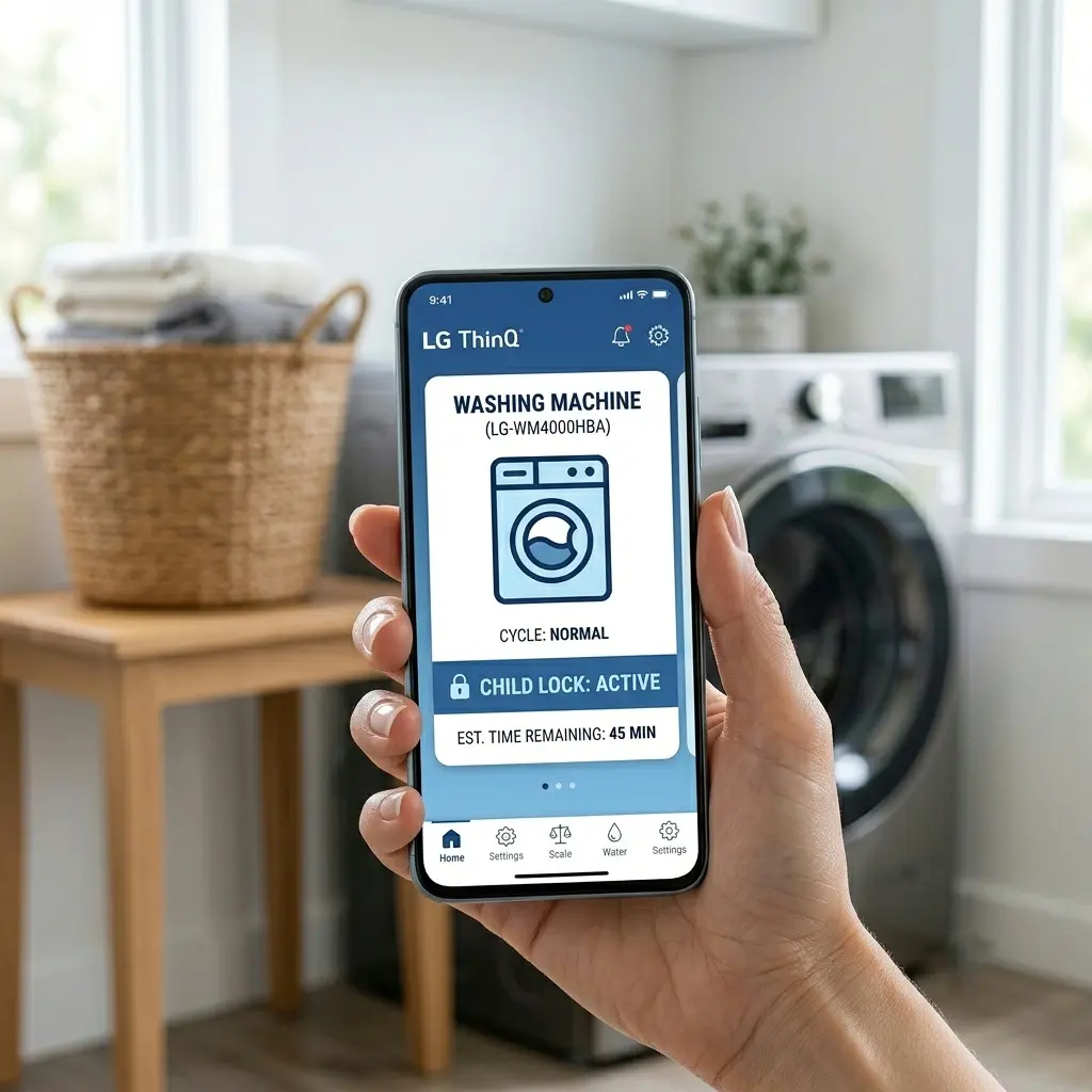 LG ThinQ app displaying child lock active status on smartphone screen