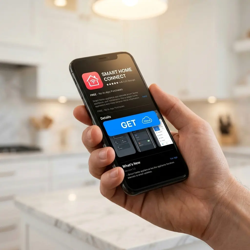 Hand holding smartphone displaying app store download screen for a smart home appliance application