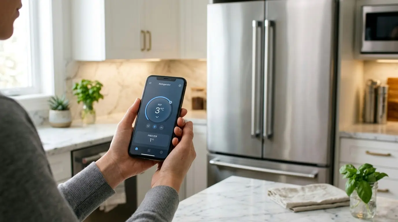 Person using LG ThinQ app on smartphone to control a stainless steel LG French door refrigerator in a modern kitchen