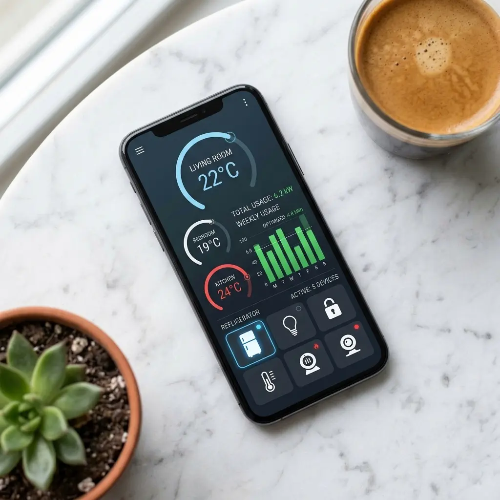 Smartphone screen showing a smart home appliance dashboard app with refrigerator temperature and energy monitoring controls