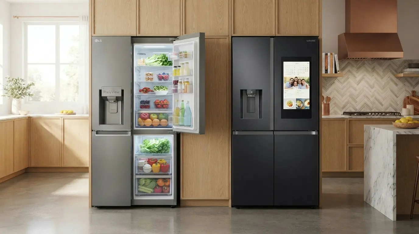 LG vs Samsung refrigerator 2026 side-by-side comparison showing French Door models