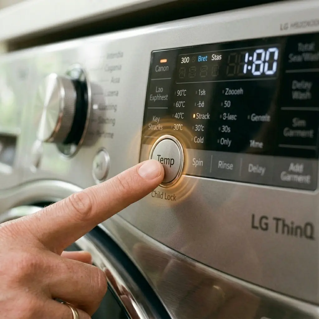 Close-up of LG washer child lock button location on temp control panel, lg washer cl error code guide