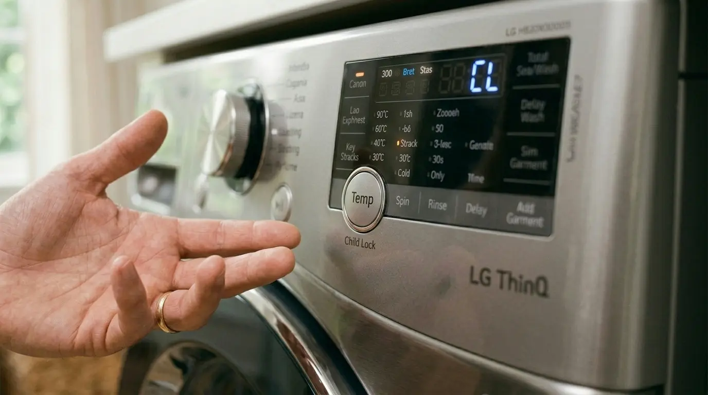 LG washer CL error code displayed on control panel showing child lock active
