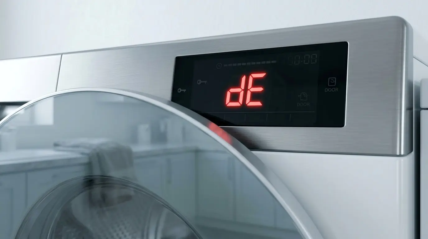 LG washing machine digital display showing dE error code with closed door that will not lock