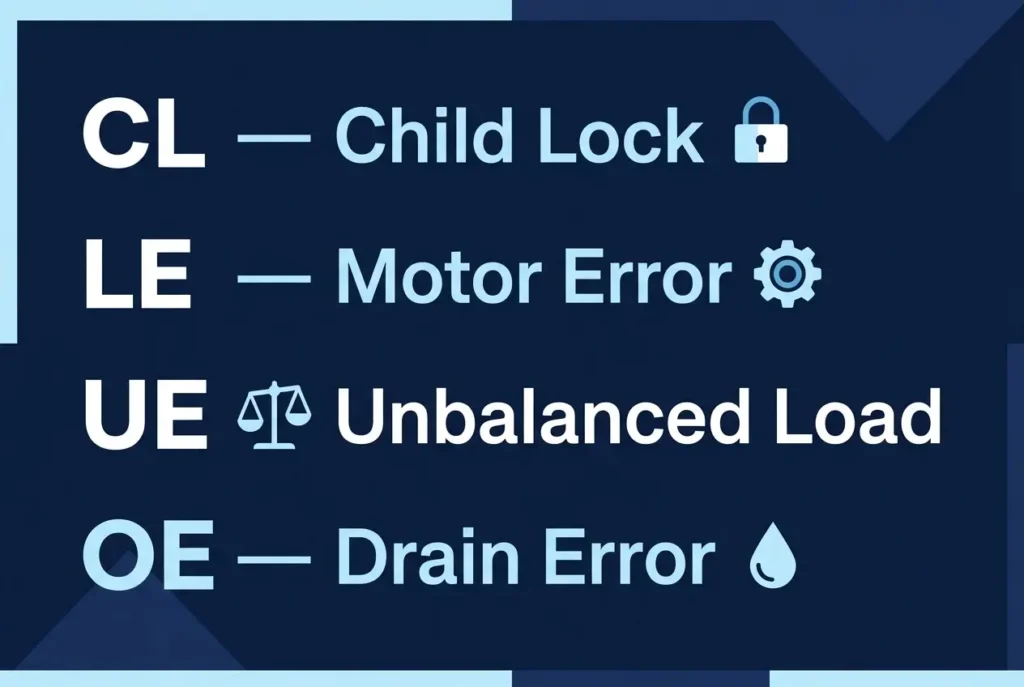 LG washer error codes comparison chart showing CL LE UE OE and other common codes