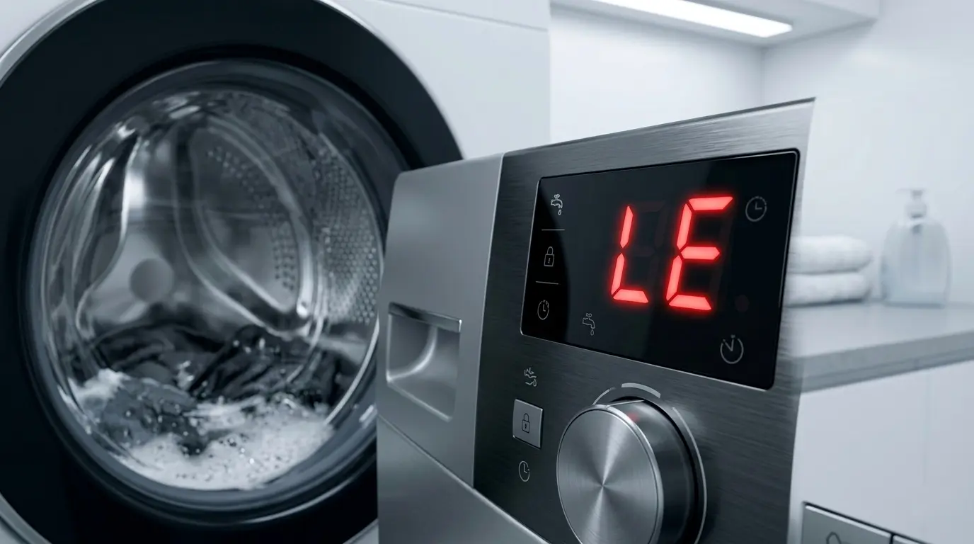 LG washing machine digital display showing LE error code with clothes paused mid-cycle inside drum