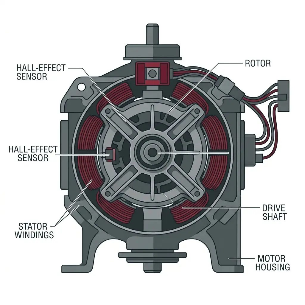 Technical illustration of washing machine drive motor and rotor position sensor components. lg washer le error code fixing guide