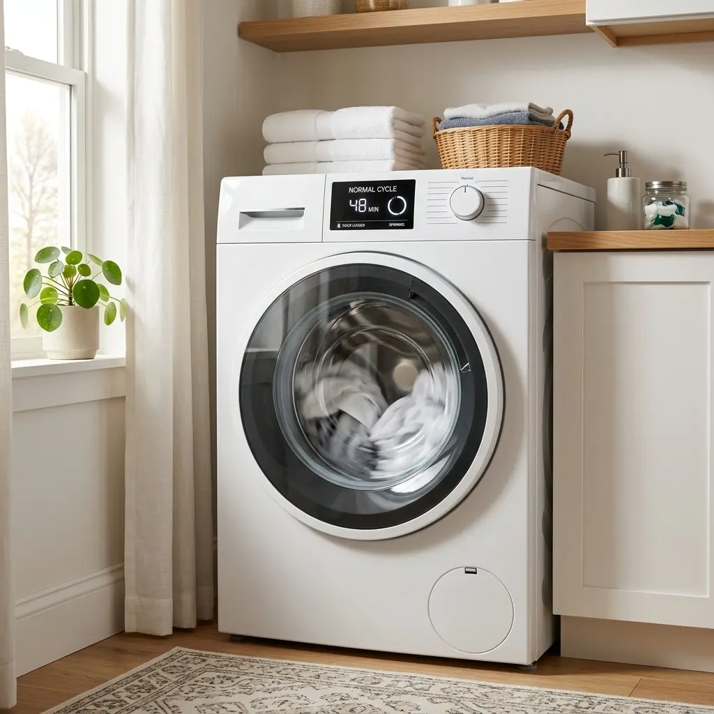 Front-load washing machine running a normal spin cycle with clean display after LE error code repair
