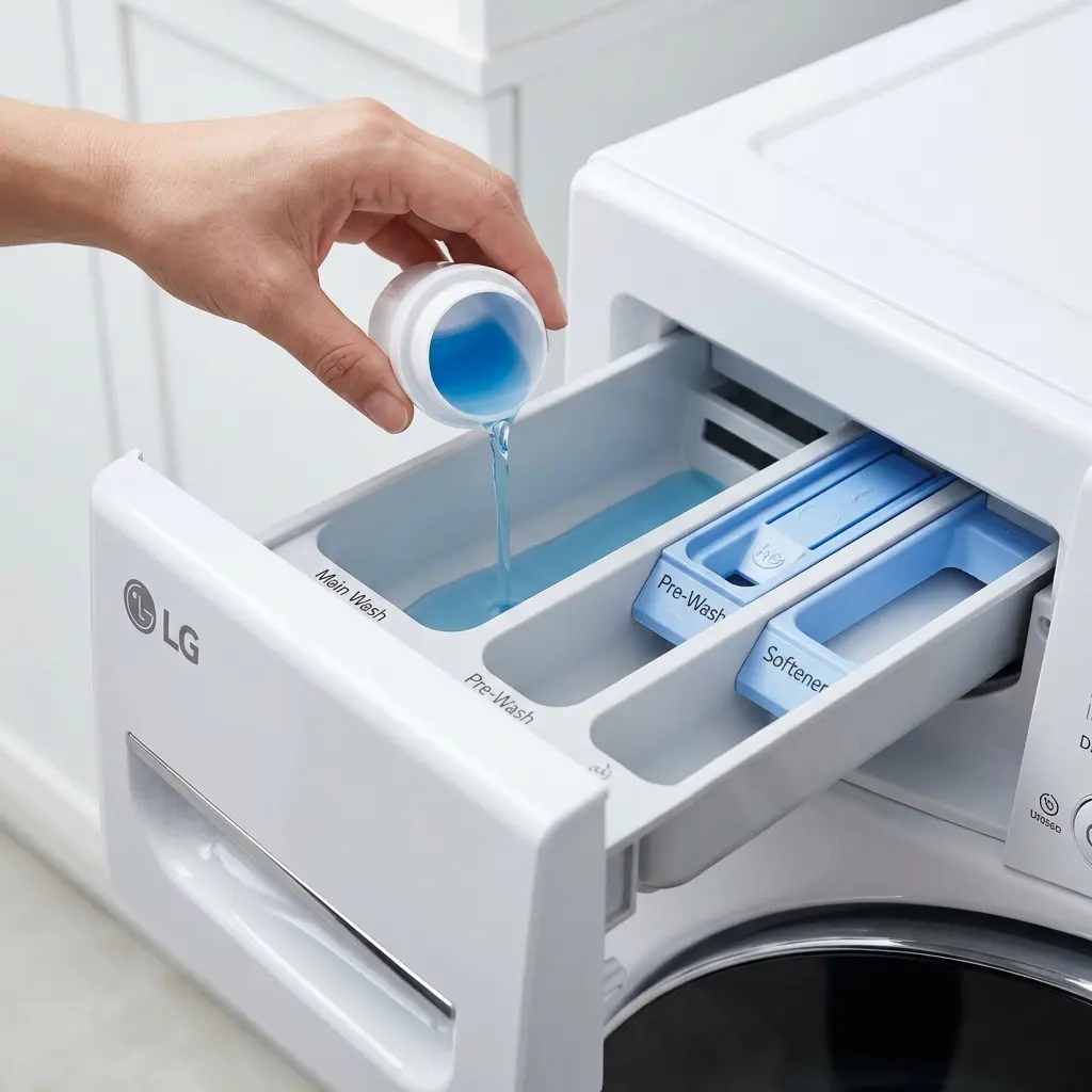 LG washing machine detergent drawer showing three compartments. pre-wash, main wash, and fabric softener