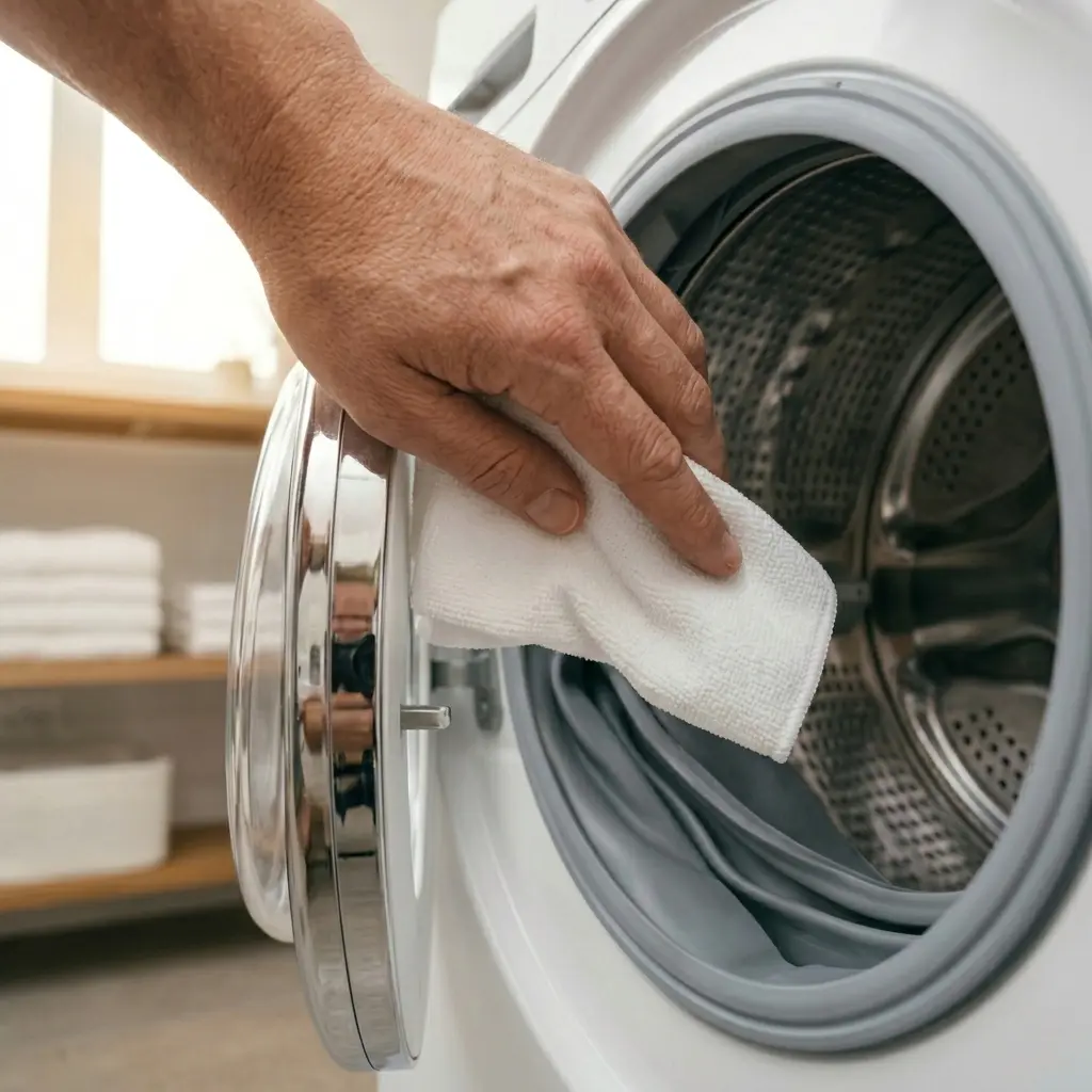 Wiping the rubber door gasket of an LG front-load washer with a microfibre cloth — mold prevention maintenance tip 2026
